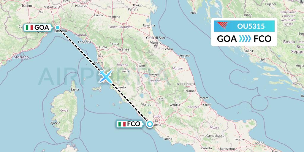 OU5315 Croatia Airlines Flight Map: Genoa to Rome