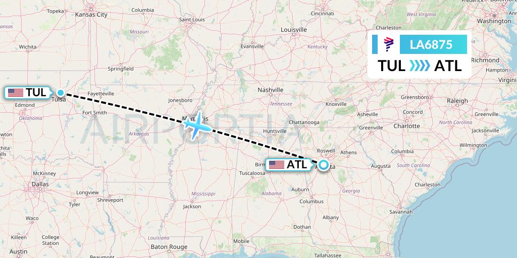 LA6875 LAN Airlines Flight Map: Tulsa to Atlanta