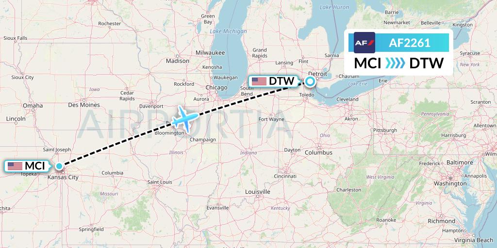 AF2261 Air France Flight Map: Kansas City to Detroit