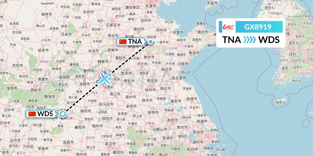 GX8919 GX Airlines Flight Map: Jinan to Shiyan