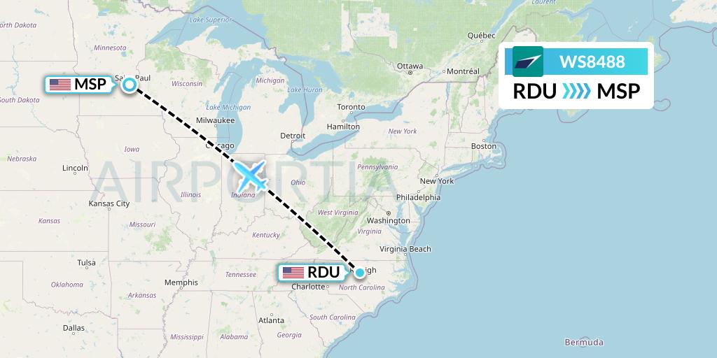 WS8488 WestJet Flight Map: Raleigh-Durham to Minneapolis