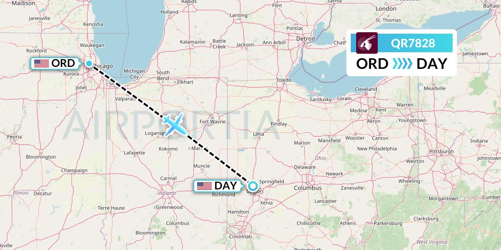 QR7828 Qatar Airways Flight Map: Chicago to Dayton