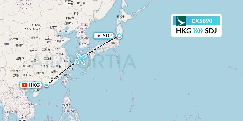 CX5890 Cathay Pacific Flight Map: Hong Kong to Sendai