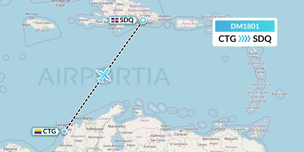 DM1801 Arajet Flight Map: Cartagena to Santo Domingo