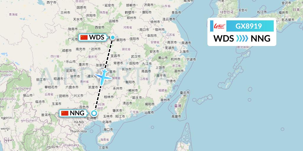GX8919 GX Airlines Flight Map: Shiyan to Nanning
