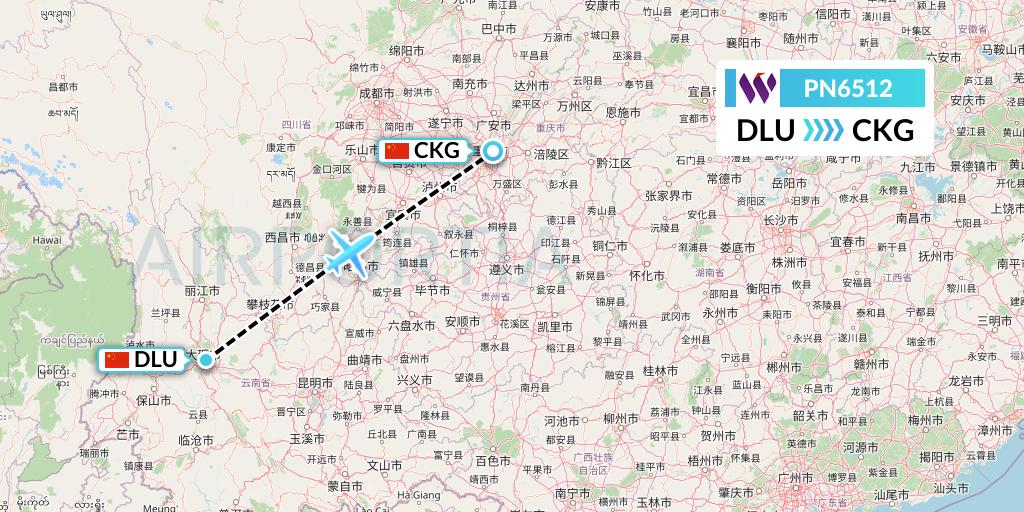 PN6512 China West Air Flight Map: Dali to Chongqing