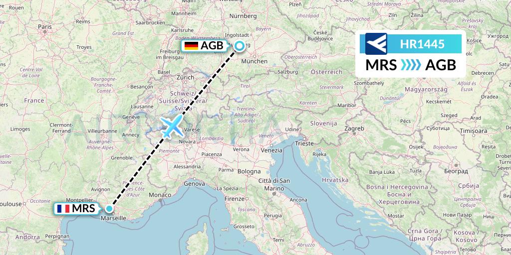 HR1445 Hahn Air Flight Map: Marseille to Augsburg