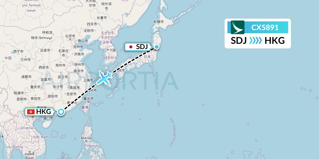 CX5891 Cathay Pacific Flight Map: Sendai to Hong Kong