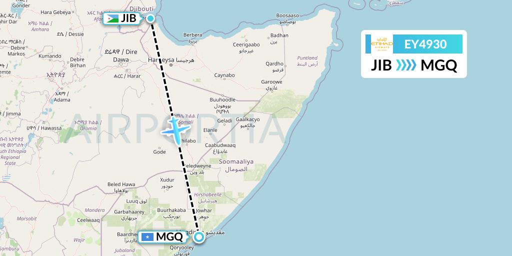 EY4930 Etihad Airways Flight Map: Djibouti to Mogadishu
