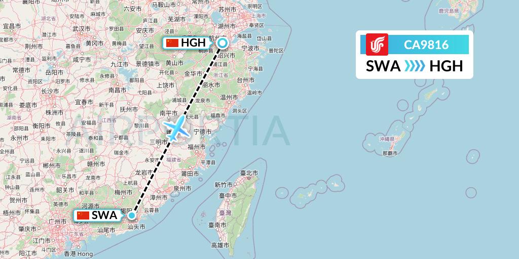 CA9816 Air China Flight Map: Jieyang to Hangzhou