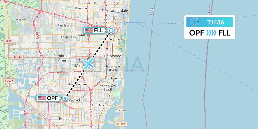 TJ436 Tradewind Aviation Flight Map: Miami to Fort Lauderdale
