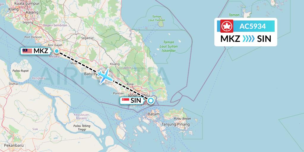 AC5934 Air Canada Flight Map: Malacca to Singapore