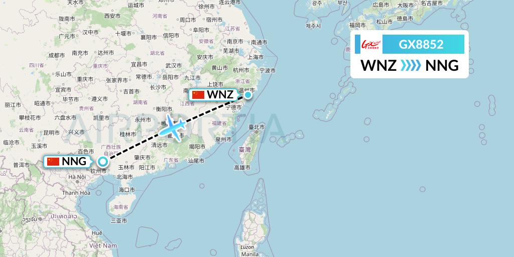 GX8852 GX Airlines Flight Map: Wenzhou to Nanning