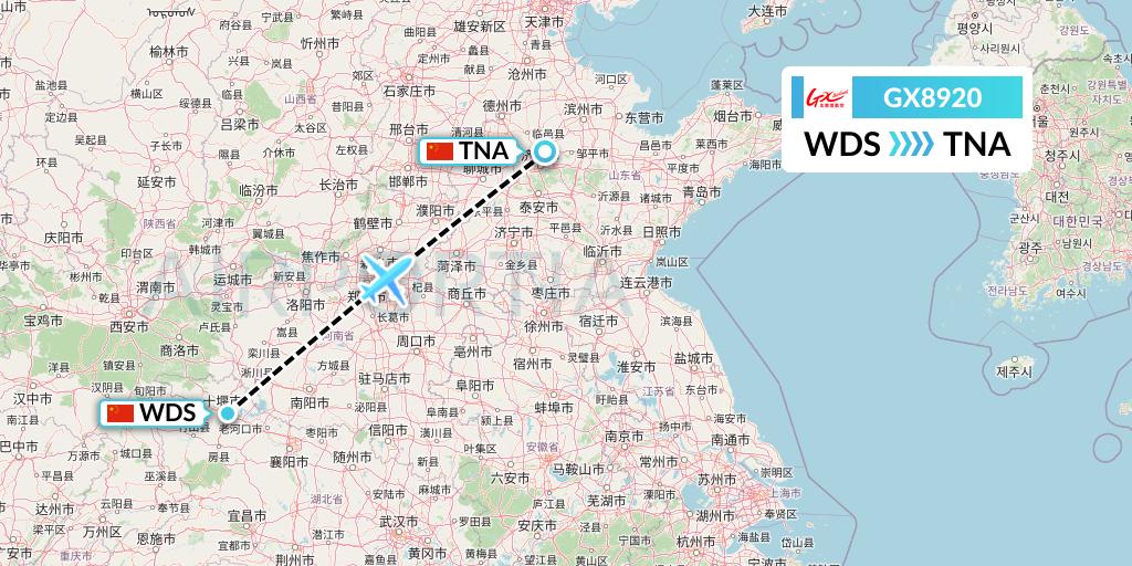 GX8920 GX Airlines Flight Map: Shiyan to Jinan