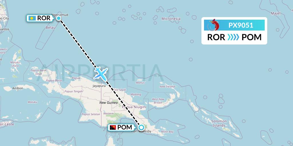 PX9051 Air Niugini Flight Map: Airai to Port Moresby
