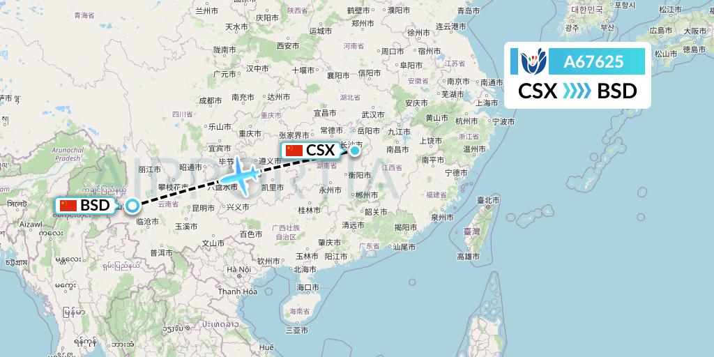 A67625 Hongtu Airlines Flight Map: Changsha to Baoshan