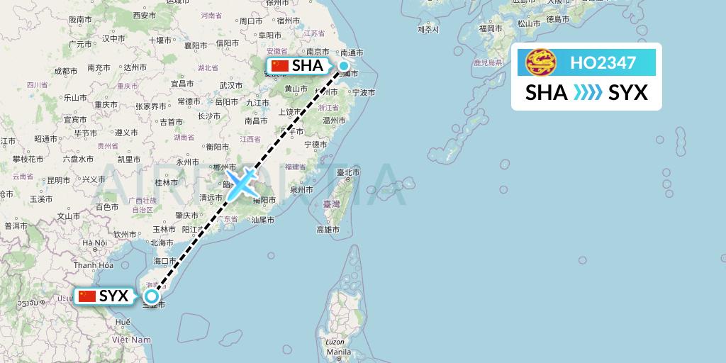 HO2347 Juneyao Airlines Flight Map: Shanghai to Sanya