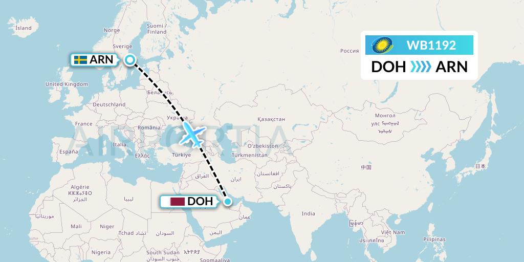 WB1192 RwandAir Flight Map: Doha to Stockholm