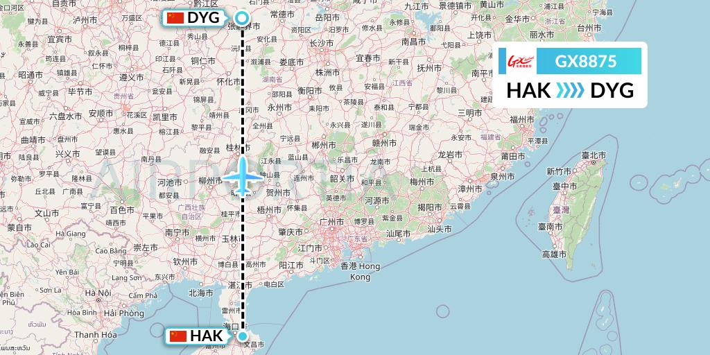 GX8875 GX Airlines Flight Map: Haikou to Dayong