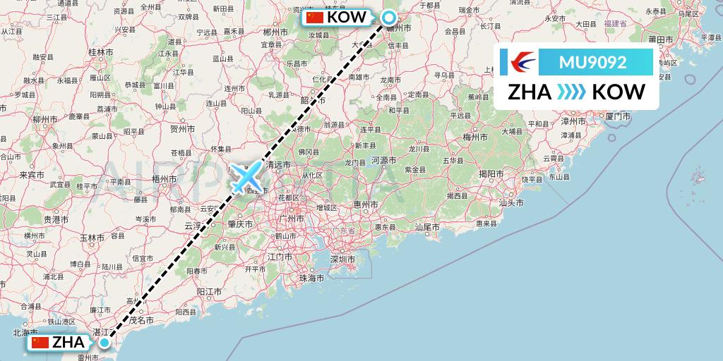 MU9092 China Eastern Airlines Flight Map: Zhanjiang to Ganzhou