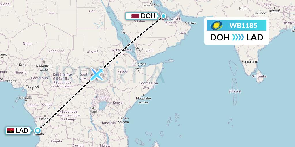 WB1185 RwandAir Flight Map: Doha to Luanda