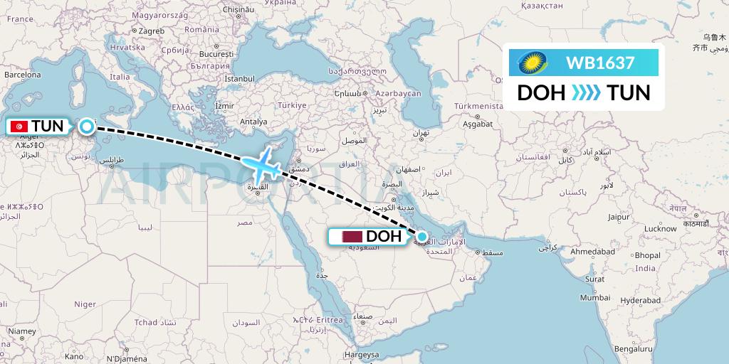 WB1637 RwandAir Flight Map: Doha to Tunis
