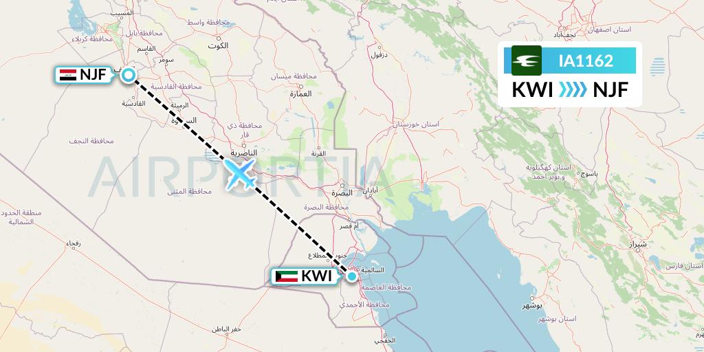 IA1162 Iraqi Airways Flight Map: Kuwait City to Najaf