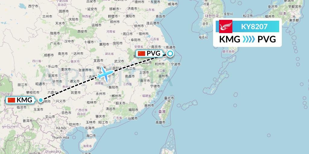 KY8207 Kunming Airlines Flight Map: Kunming to Shanghai