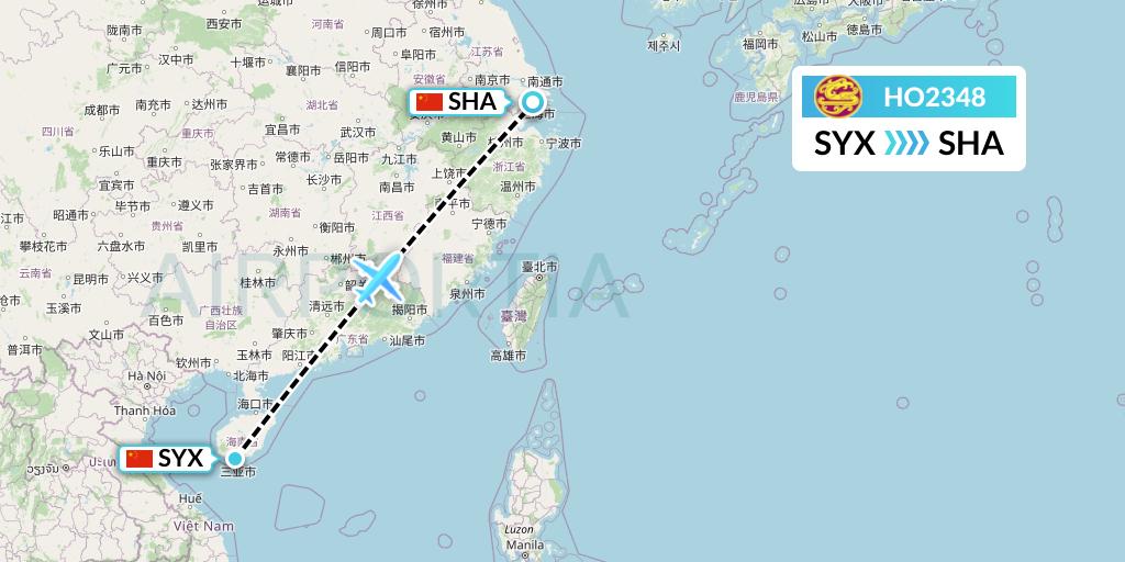 HO2348 Juneyao Airlines Flight Map: Sanya to Shanghai