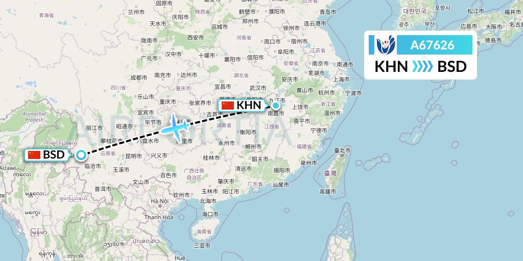 A67626 Hongtu Airlines Flight Map: Nanchang to Baoshan