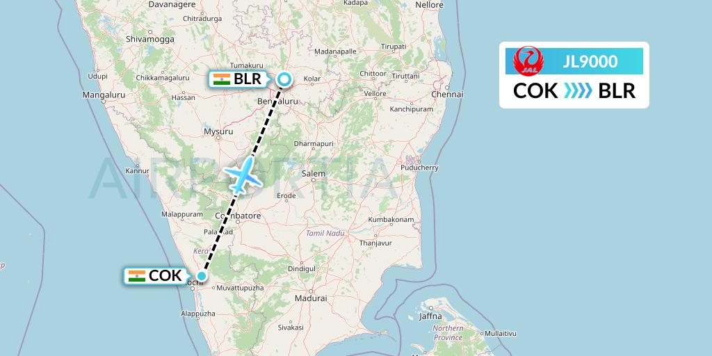 JL9000 Japan Airlines Flight Map: Cochin to Bangalore