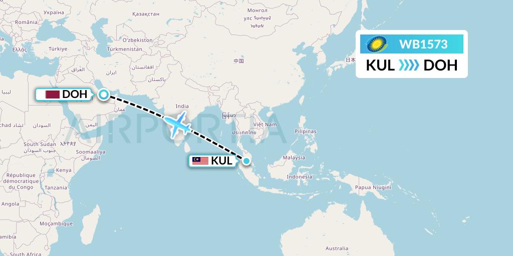 WB1573 RwandAir Flight Map: Kuala Lumpur to Doha