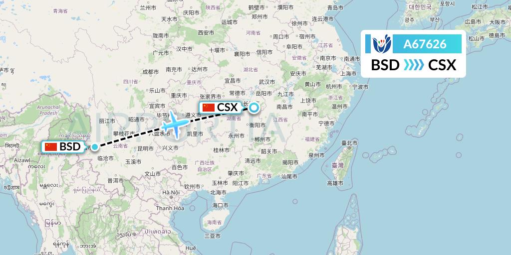 A67626 Hongtu Airlines Flight Map: Baoshan to Changsha