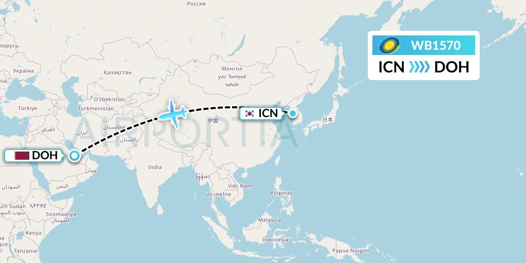 WB1570 RwandAir Flight Map: Seoul to Doha