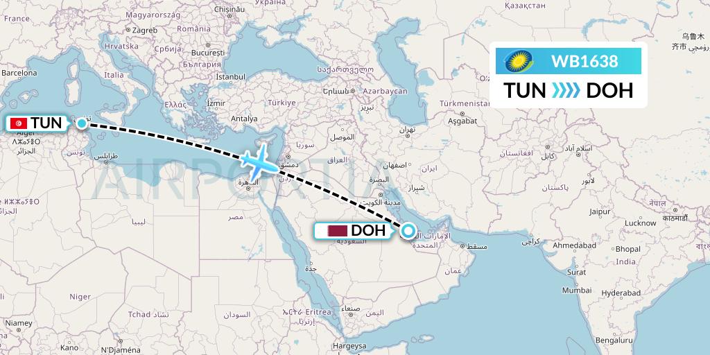 WB1638 RwandAir Flight Map: Tunis to Doha