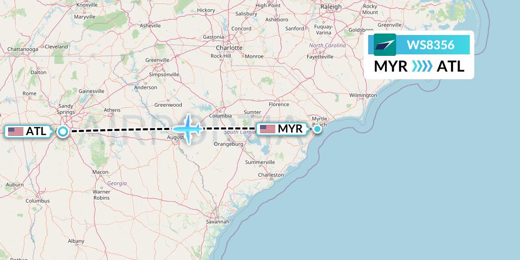 WS8356 WestJet Flight Map: Myrtle Beach to Atlanta