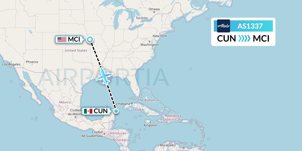 AS1337 Alaska Airlines Flight Map: Cancun to Kansas City