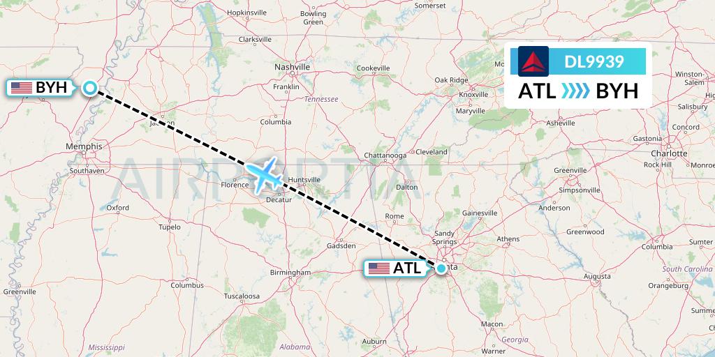 DL9939 Delta Air Lines Flight Map: Atlanta to Blytheville