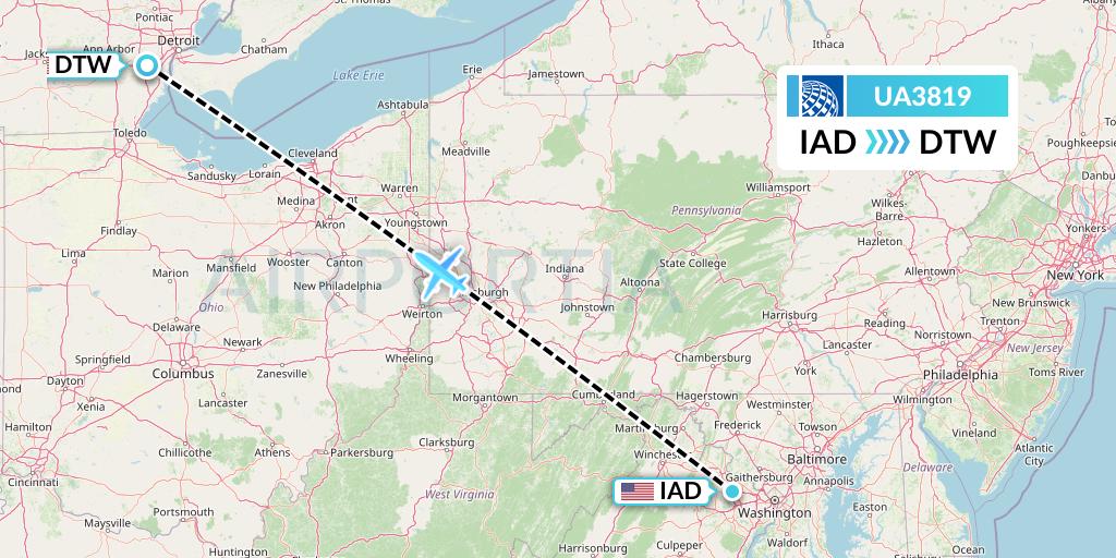 UA3819 United Airlines Flight Map: Washington to Detroit