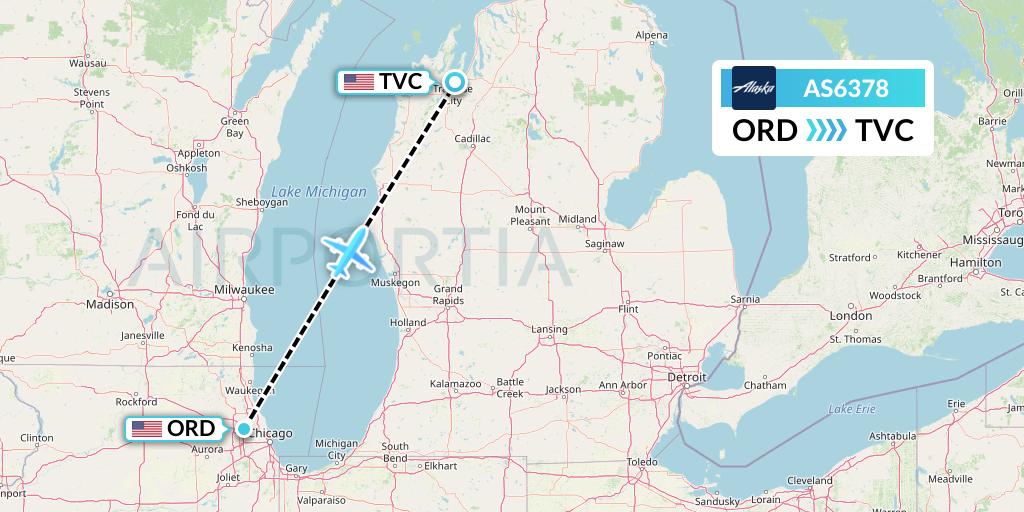AS6378 Alaska Airlines Flight Map: Chicago to Traverse City