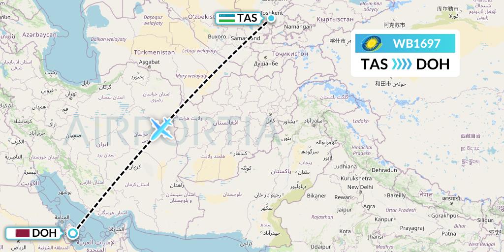 WB1697 RwandAir Flight Map: Tashkent to Doha