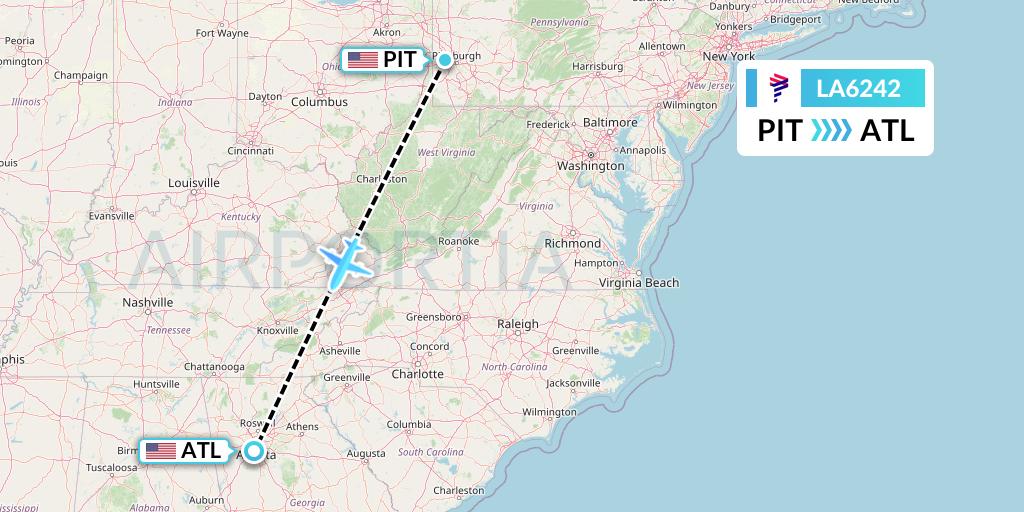 LA6242 LAN Airlines Flight Map: Pittsburgh to Atlanta