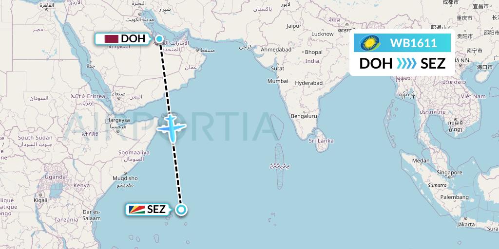 WB1611 RwandAir Flight Map: Doha to Victoria