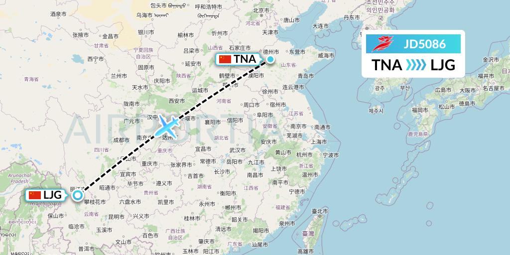 JD5086 Capital Airlines Flight Map: Jinan to Lijiang