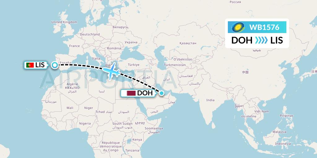 WB1576 RwandAir Flight Map: Doha to Lisbon