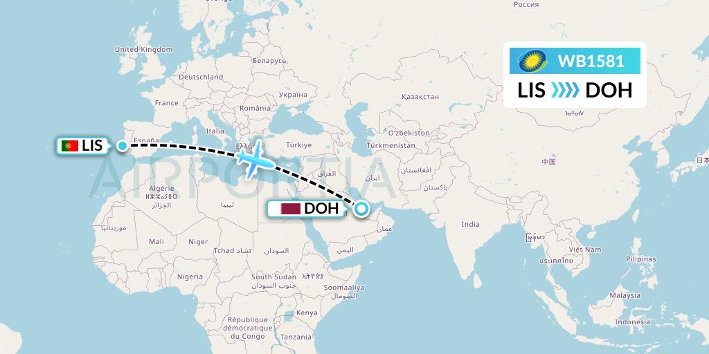 WB1581 RwandAir Flight Map: Lisbon to Doha
