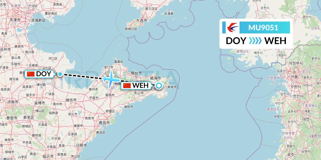 MU9051 China Eastern Airlines Flight Map: Dongying to Weihai