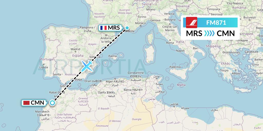 FM871 Shanghai Airlines Flight Map: Marseille to Casablanca