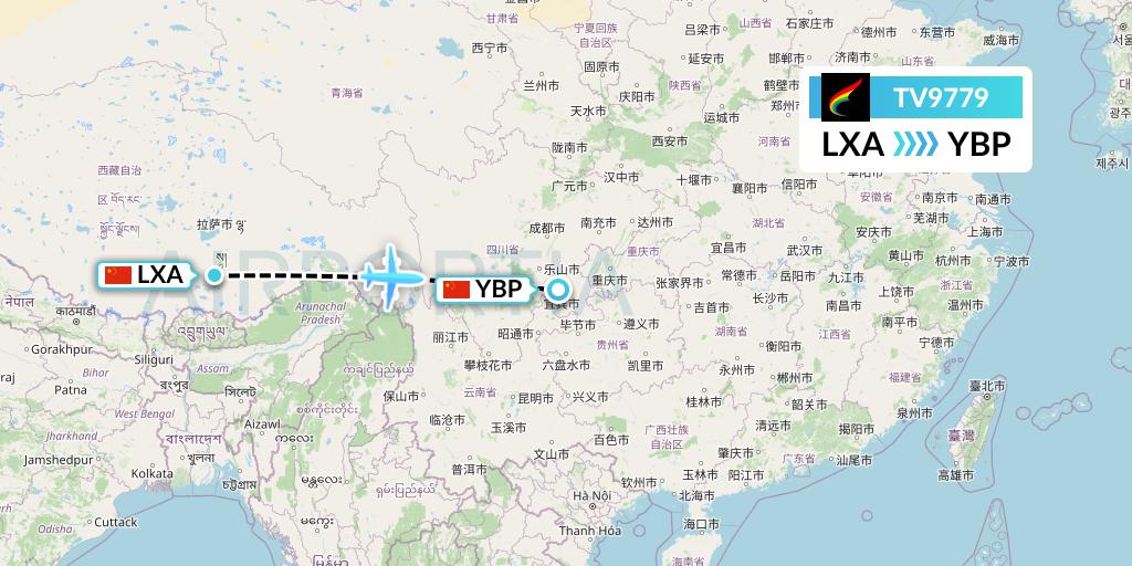 TV9779 Tibet Airlines Flight Map: Lhasa to Yibin