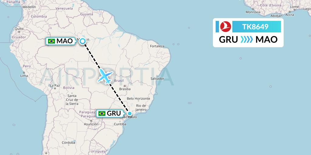 TK8649 Turkish Airlines Flight Map: Sao Paulo to Manaus